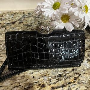 BRIGHTON Elegant Black Crocodile-Embossed Women's Clutch/Wallet